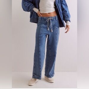 Free People Indigo Waffle-Knit Wide Leg Drawstring Pants